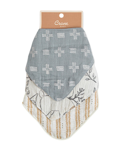 Crane Baby Muslin Bandana Bibs-With 4 Layer Cotton Muslin-High Absorbency-Adjustable Snap Button Closure-Hypoallergenic-Ezra-Pack of 3-For Infants