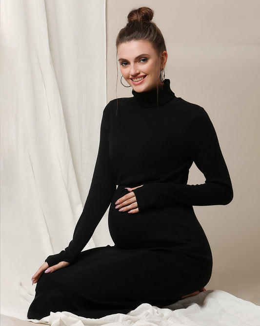 Wobbly Walk Black Maternity Nursing Dress-High Neck-Solid Color-Cotton-Bump Friendly