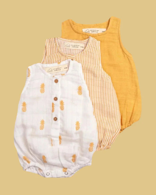 Masilo White & Mustard Romper-100% Organic Cotton-Printed-Pack Of 3-For Infants