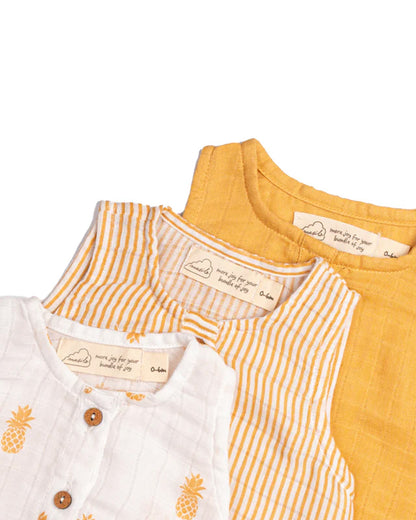 Masilo White & Mustard Romper-100% Organic Cotton-Printed-Pack Of 3-For Infants