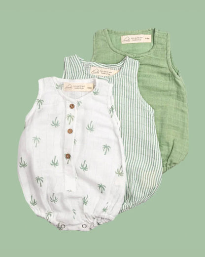 Masilo White & Sage Green Romper-100% Organic Cotton-Printed-Pack Of 3-For Infants