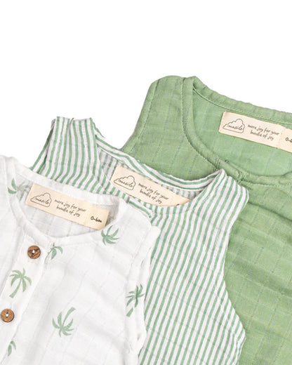 Masilo White & Sage Green Romper-100% Organic Cotton-Printed-Pack Of 3-For Infants