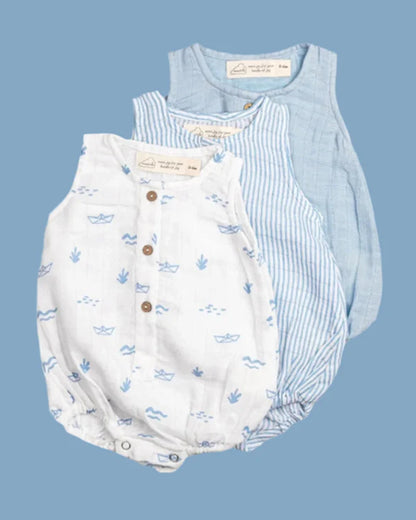 Masilo White & Light Blue Romper-100% Organic Cotton-Printed-Pack Of 3-For Infants