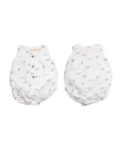 Masilo White & Light Blue Romper-100% Organic Cotton-Printed-Pack Of 3-For Infants