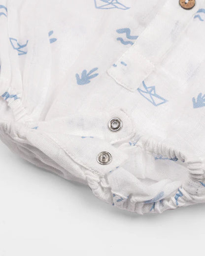 Masilo White & Light Blue Romper-100% Organic Cotton-Printed-Pack Of 3-For Infants