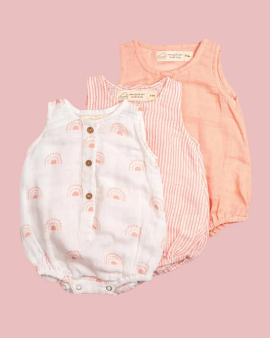 Masilo White & Peach Romper-100% Organic Cotton-Printed-Pack of 3-For Infants