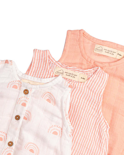 Masilo White & Peach Romper-100% Organic Cotton-Printed-Pack of 3-For Infants