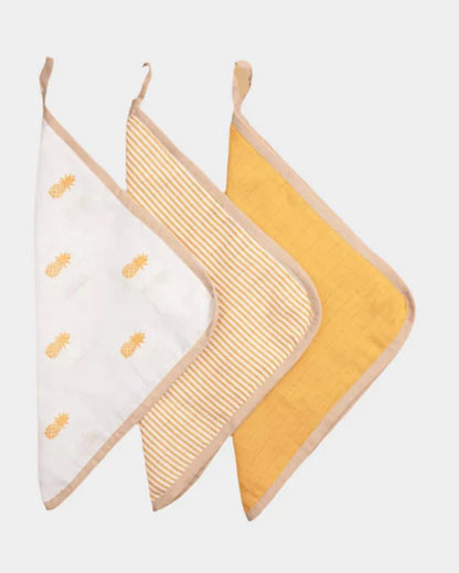 Masilo Organic Muslin Wash Cloth Set-Lightweight, Absorbent & Fast Drying-Pineapple Bliss-Pack of 3-For Infants