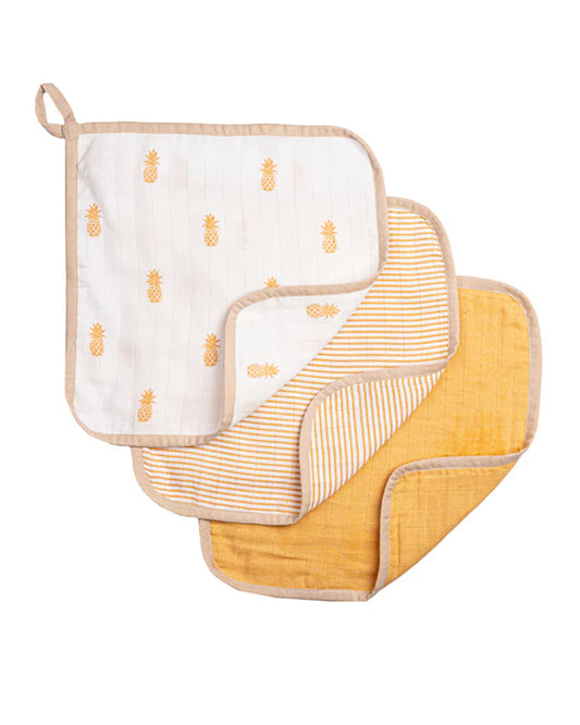 Masilo Organic Muslin Wash Cloth Set-Lightweight, Absorbent & Fast Drying-Pineapple Bliss-Pack of 3-For Infants