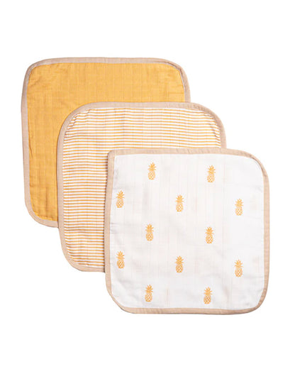 Masilo Organic Muslin Wash Cloth Set-Lightweight, Absorbent & Fast Drying-Pineapple Bliss-Pack of 3-For Infants