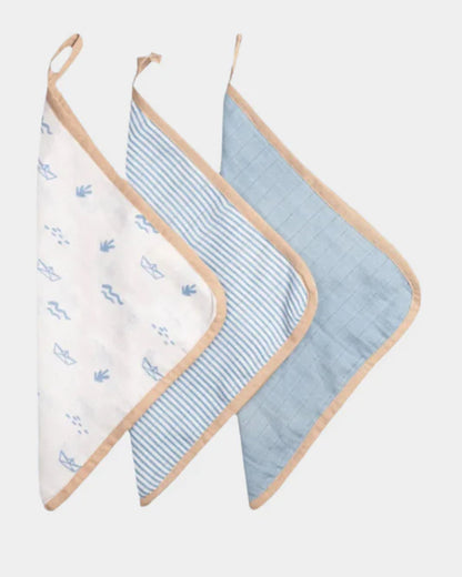 Masilo Organic Muslin Wash Cloth Set-Lightweight, Absorbent & Fast Drying-Sea Breeze-Pack of 3-For Infants