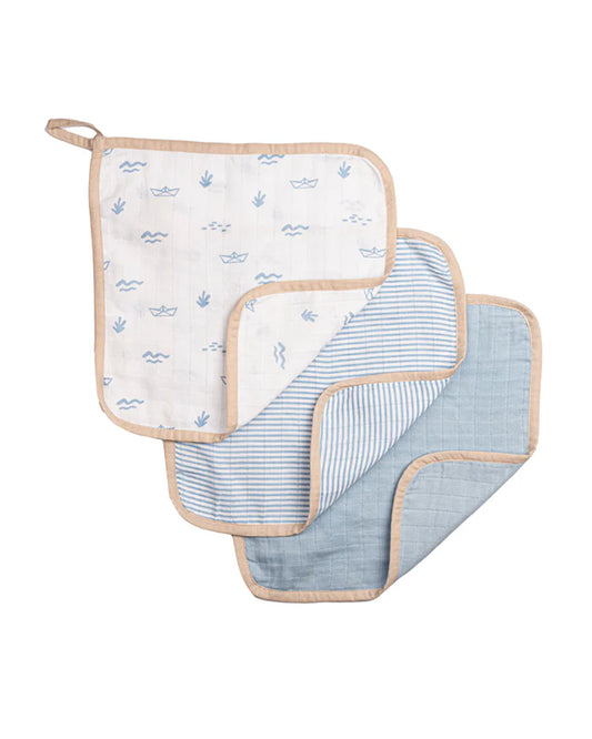 Masilo Organic Muslin Wash Cloth Set-Lightweight, Absorbent & Fast Drying-Sea Breeze-Pack of 3-For Infants