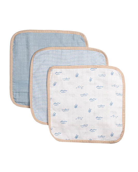 Masilo Organic Muslin Wash Cloth Set-Lightweight, Absorbent & Fast Drying-Sea Breeze-Pack of 3-For Infants