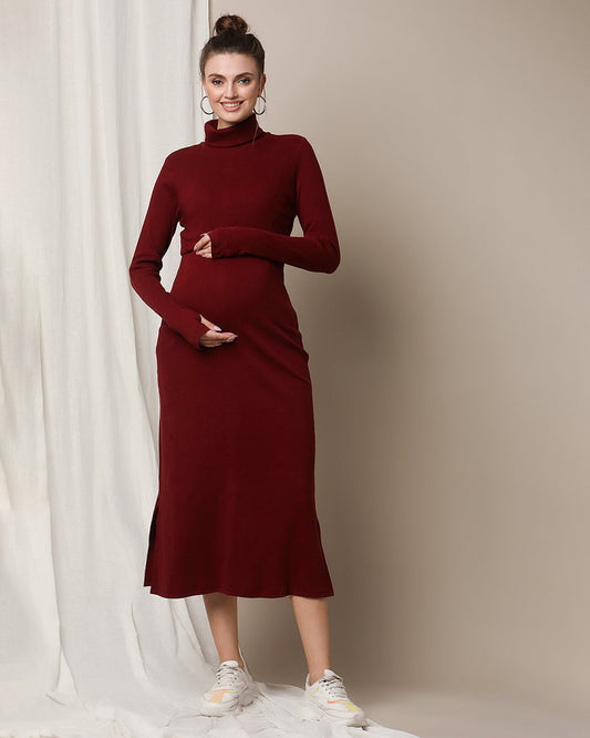 Wobbly Walk Burgundy Maternity Nursing Dress-High Neck-Solid Color-Cotton-Bump Friendly