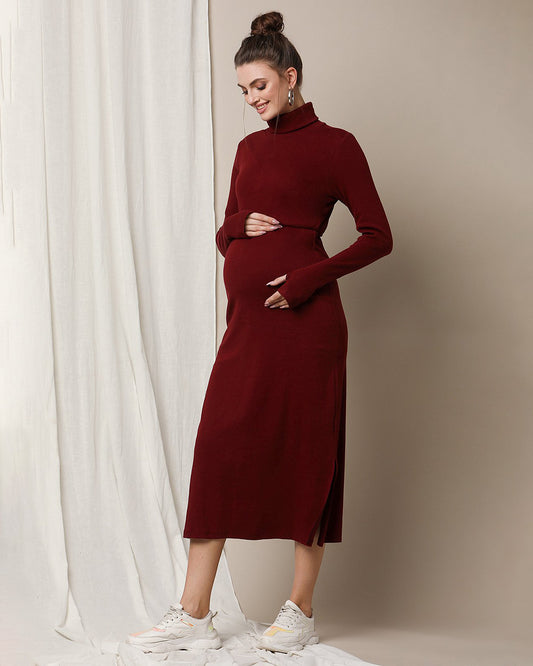 Wobbly Walk Burgundy Maternity Nursing Dress-High Neck-Solid Color-Cotton-Bump Friendly