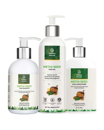 Healofy Naturals Methi Seed Ultimate Hair Care Combo-Reduces Hair Fall-Methi Seed Hair Oil+Methi Seed Hair Shampoo+Methi Seed Hair Conditioner-During & After Pregnancy