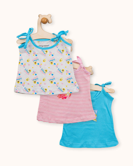 Bodycare Turquoise, White & Pastel Pink Vest-Printed-Cotton-Pack of 3-For Infants
