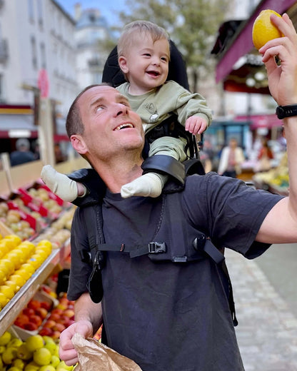 MiniMeis G5 Lightweight Baby Shoulder Carrier-Ergonomically Designed Arch for Balanced Weight Distribution and Parent Comfort-With Secured Seat Belt & Leg Straps-Easy to Fold-Padded Seat & Flexible Backrest-For 6M to 4Y (Upto 18 Kg)-Black Core