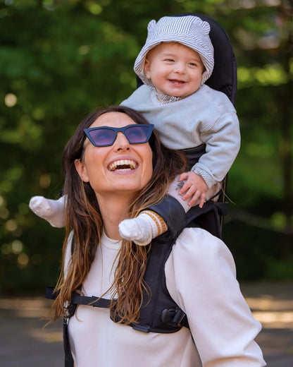 MiniMeis G5 Lightweight Baby Shoulder Carrier-Ergonomically Designed Arch for Balanced Weight Distribution and Parent Comfort-With Secured Seat Belt & Leg Straps-Easy to Fold-Padded Seat & Flexible Backrest-For 6M to 4Y (Upto 18 Kg)-Black Core