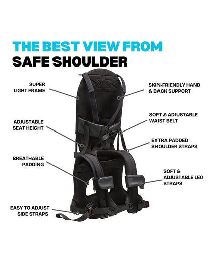 MiniMeis G5 Lightweight Baby Shoulder Carrier-Ergonomically Designed Arch for Balanced Weight Distribution and Parent Comfort-With Secured Seat Belt & Leg Straps-Easy to Fold-Padded Seat & Flexible Backrest-For 6M to 4Y (Upto 18 Kg)-Black Core