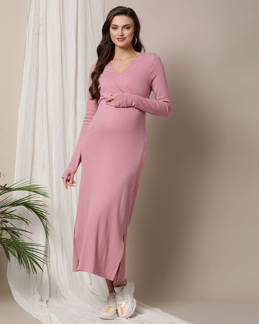 Wobbly Walk Pink Maternity Nursing Dress-Crossover-Solid Color-Cotton-Bump Friendly