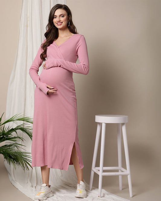 Wobbly Walk Pink Maternity Nursing Dress-Crossover-Solid Color-Cotton-Bump Friendly