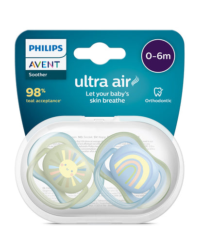 Philips Avent Ultra Air Soother-With Airholes Ventilate Baby's Skin-Orthodontic-Promotes Natural Oral Development-Sterilizing Case Included-Green & Blue-0 to 6M-Pack of 2-Pacifier