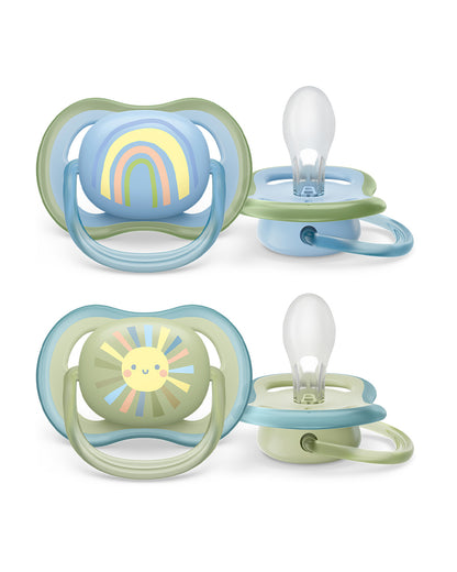 Philips Avent Ultra Air Soother-With Airholes Ventilate Baby's Skin-Orthodontic-Promotes Natural Oral Development-Sterilizing Case Included-Green & Blue-0 to 6M-Pack of 2-Pacifier