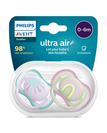 Philips Avent Ultra Air Soother-With Airholes Ventilate Baby's Skin-Orthodontic-Promotes Natural Oral Development-Sterilizing Case Included-Green & Purple-0 to 6M-Pack of 2-Pacifier