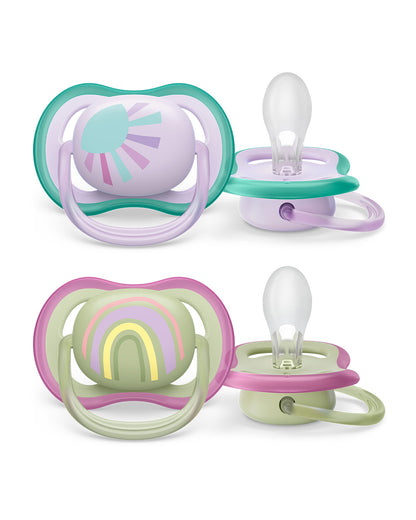 Philips Avent Ultra Air Soother-With Airholes Ventilate Baby's Skin-Orthodontic-Promotes Natural Oral Development-Sterilizing Case Included-Green & Purple-0 to 6M-Pack of 2-Pacifier