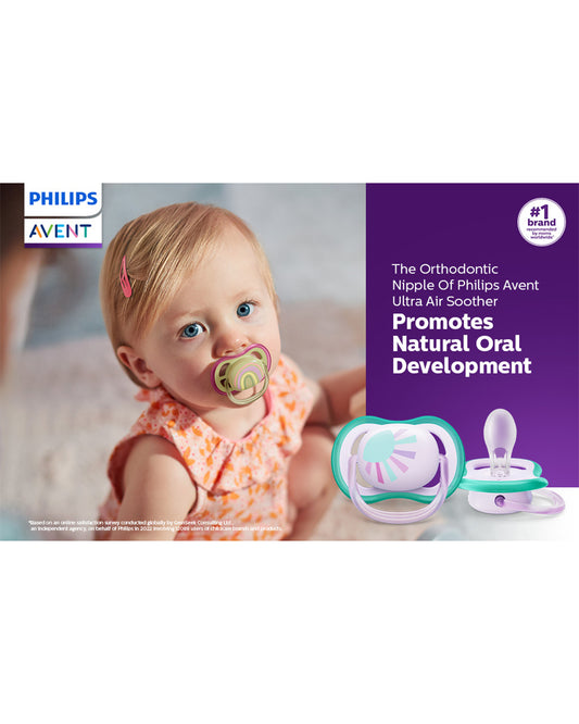 Philips Avent Ultra Air Soother-With Airholes Ventilate Baby's Skin-Orthodontic-Promotes Natural Oral Development-Sterilizing Case Included-Green & Purple-0 to 6M-Pack of 2-Pacifier