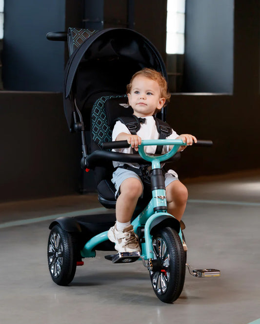 Bentley Mulliner 6 in 1 Trike Stroller-Continental GT Mulliner Style Replica Wheels-Cross Stiched & Cushioned Seats-With Bentley Badge & Anti Slip Pedals-For 6M to 5Y (Upto 25 Kg)-Celeste