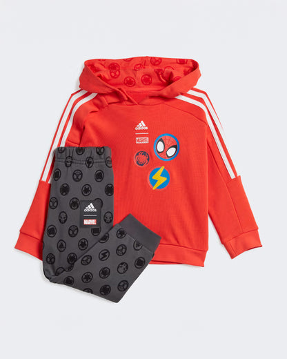 Adidas Red & Dark Grey Tracksuit-Printed-Cotton Blend-For Infants