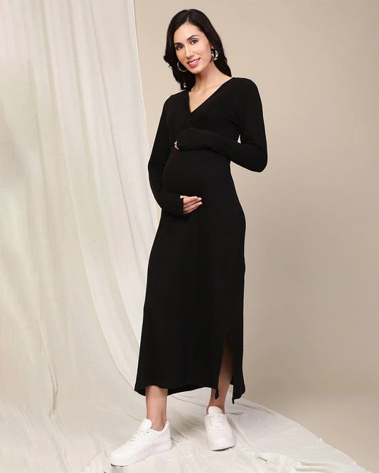 Wobbly Walk Black Maternity Nursing Dress-Crossover-Solid Color-Cotton-Bump Friendly