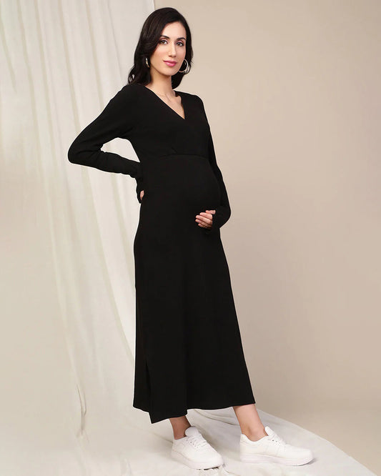 Wobbly Walk Black Maternity Nursing Dress-Crossover-Solid Color-Cotton-Bump Friendly