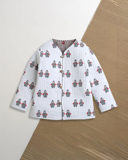 Mouse in the House White Winter Wear Jacket-100% Cotton-Penguin Print-For Infants