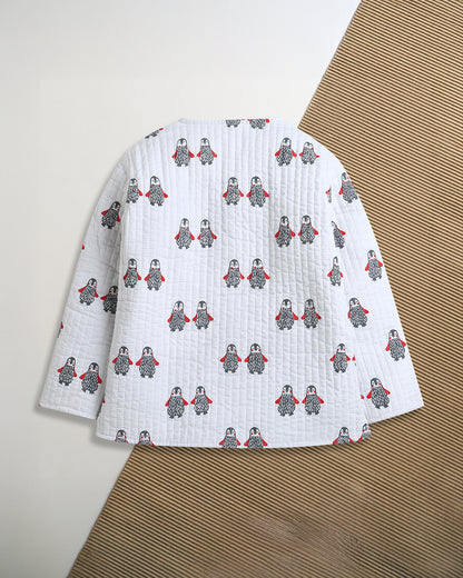 Mouse in the House White Winter Wear Jacket-100% Cotton-Penguin Print-For Infants