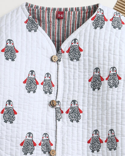 Mouse in the House White Winter Wear Jacket-100% Cotton-Penguin Print-For Infants