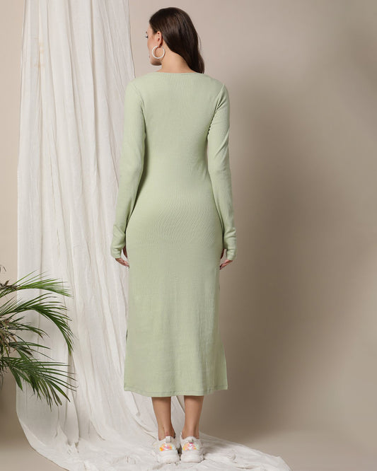 Wobbly Walk Sage Green Maternity Nursing Dress-Crossover-Solid Color-Cotton-Bump Friendly