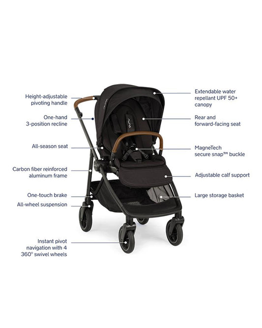 Nuna Swiv Baby Stroller-With All Wheel 360 Degree Rotation-3 Positions Adjustable Parent Handle Bar-One Hand Fold-Travel System Compatible-Includes Rain Cover, Travel bag, Cup Holder & Post Adaptors-2 Years Warranty-For 0 to 4Y (Upto 22 Kg)-Caviar