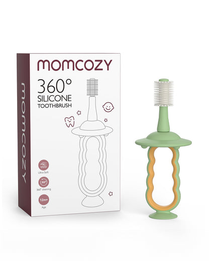 Momcozy 360° Silicone Baby Toothbrush-With Anti-Swallowing Pad & Suction Base-12 to 24M-Green