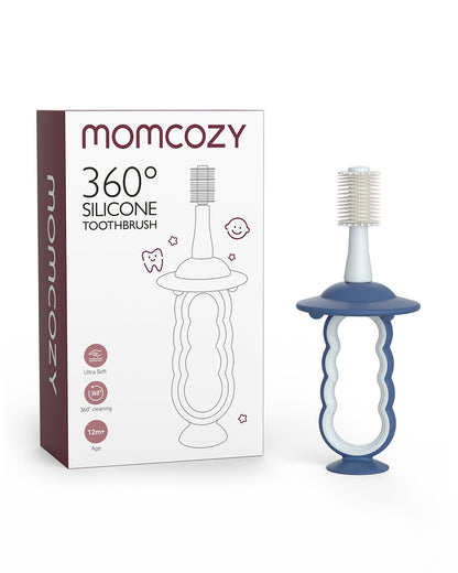 Momcozy 360° Silicone Baby Toothbrush-With Anti-Swallowing Pad & Suction Base-12 to 24M-Blue