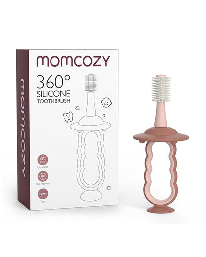 Momcozy 360° Silicone Baby Toothbrush-With Anti-Swallowing Pad & Suction Base-12 to 24M-Pink