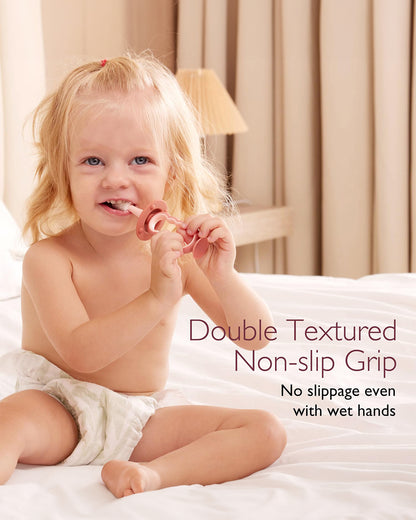 Momcozy 360° Silicone Baby Toothbrush-With Anti-Swallowing Pad & Suction Base-12 to 24M-Pink