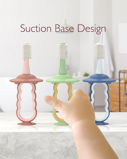 Momcozy 360° Silicone Baby Toothbrush-With Anti-Swallowing Pad & Suction Base-12 to 24M-Pink