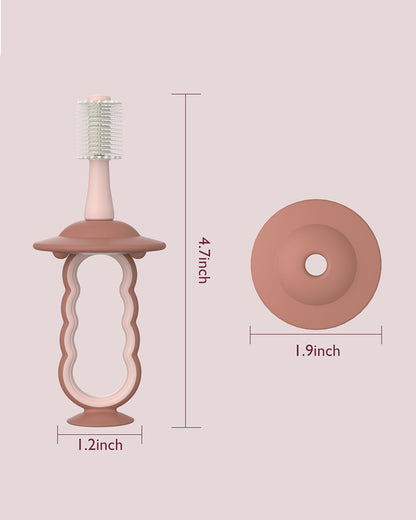 Momcozy 360° Silicone Baby Toothbrush-With Anti-Swallowing Pad & Suction Base-12 to 24M-Pink