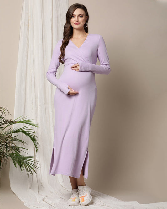 Wobbly Walk Purple Maternity Nursing Dress-Crossover-Solid Color-Cotton-Bump Friendly