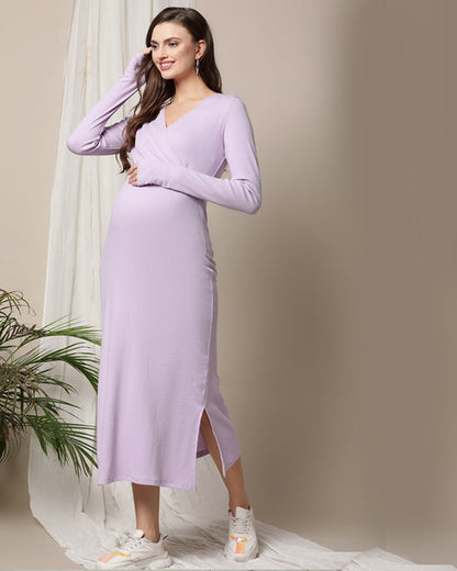 Wobbly Walk Purple Maternity Nursing Dress-Crossover-Solid Color-Cotton-Bump Friendly