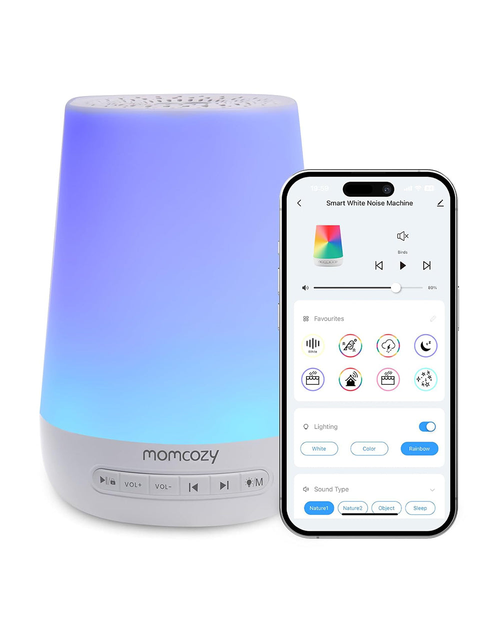 Momcozy Baby Sound Machine-With App Control Features-34 Soothing Sounds color diffusive night light-Compatible With Alexa-White Noise Machine For