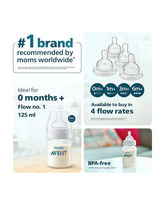 Philips Avent Anti Colic Bottle 125ml-Feeding Bottle with Flow 1 Nipple-BPA Free-White-0M+